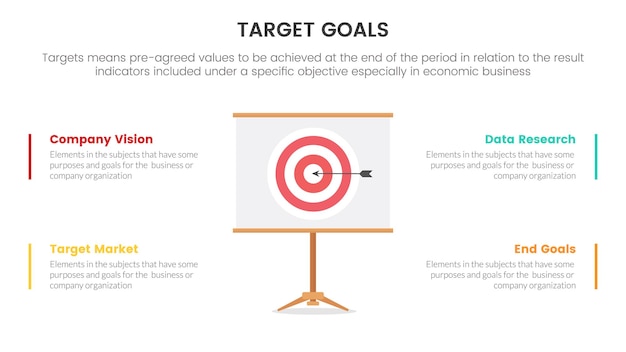 Goals or target infographic with 4 point list balanced concept for slide presentation template