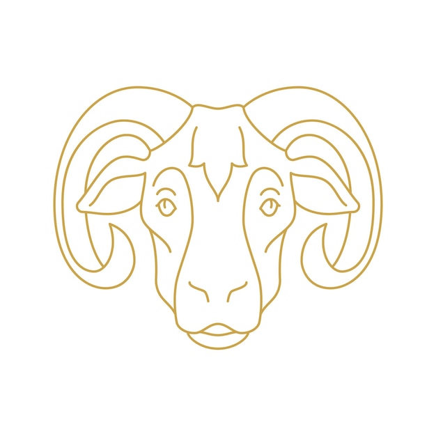 Goat muzzle with curved horns monochrome golden line icon vector illustration Sheep ram head