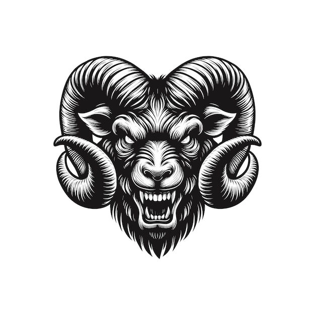 Vector goat sheep head logo a black and white drawing of a ram with horns and teeth