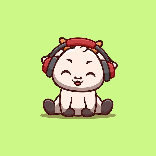 Goat Sitting Hearing Music Cute Creative Kawaii Cartoon Mascot Logo