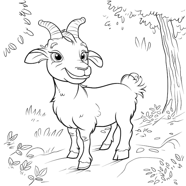 Vector a goat with horns and horns stands in a forest