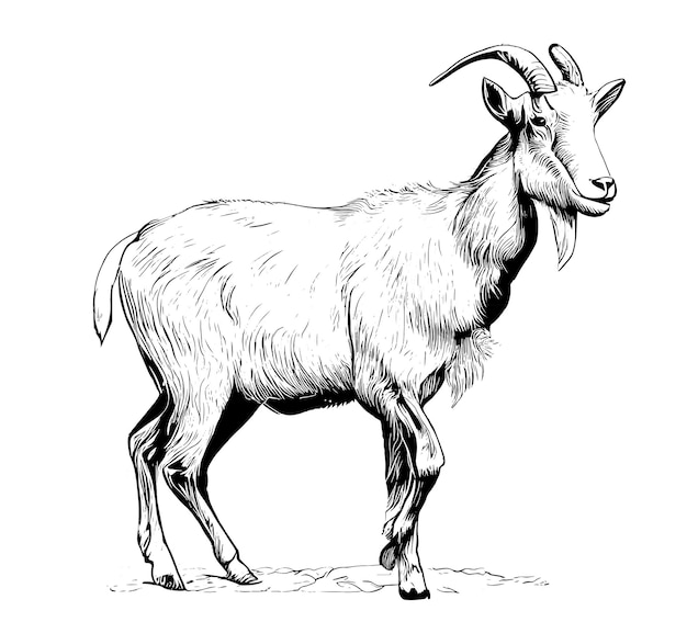 A goat with horns stands in a field.