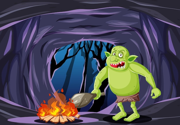 Goblin or troll with fire cartoon style on dark cave