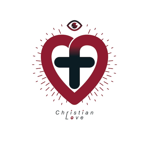 God Christian Love conceptual logo design combined with Christian Cross and heart, vector creative symbol.