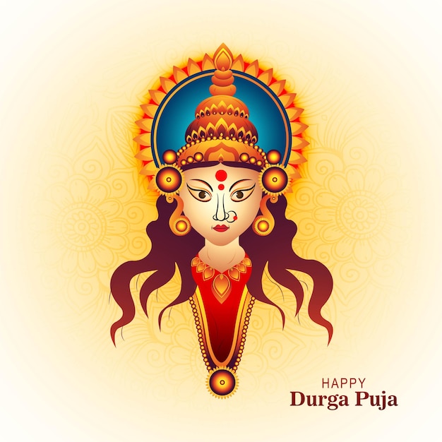 Goddess durga face in happy durga puja subh navratri card background