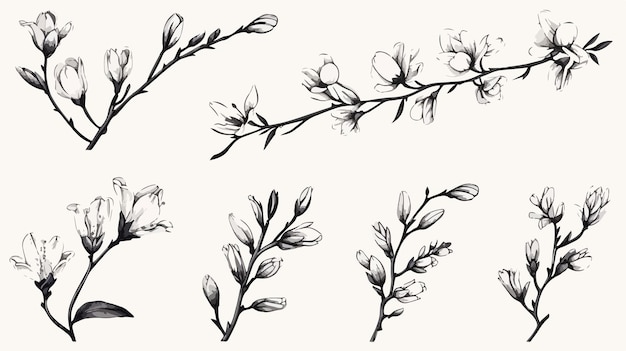 Vector goji berry branch handdrawn collection blooming botanical illustration set