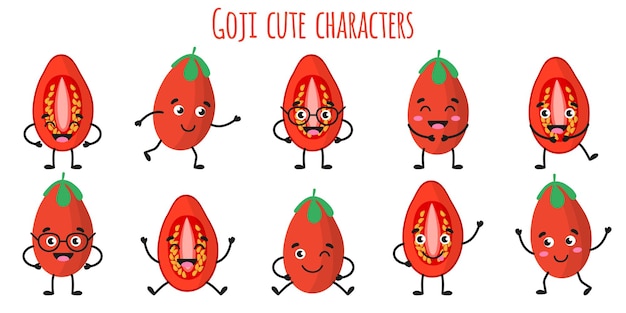 Goji fruit cute funny cheerful characters with different poses and emotions