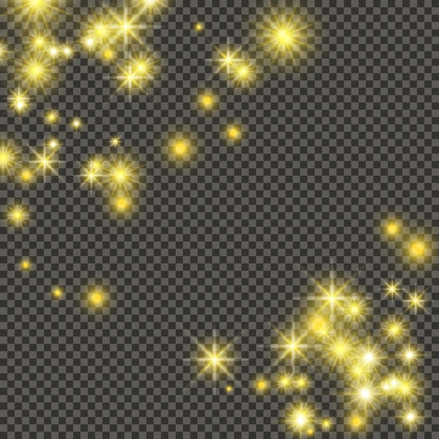 Gold backdrop with stars and dust sparkles isolated on dark transparent background Celebratory magical Christmas shining light effect Vector illustration