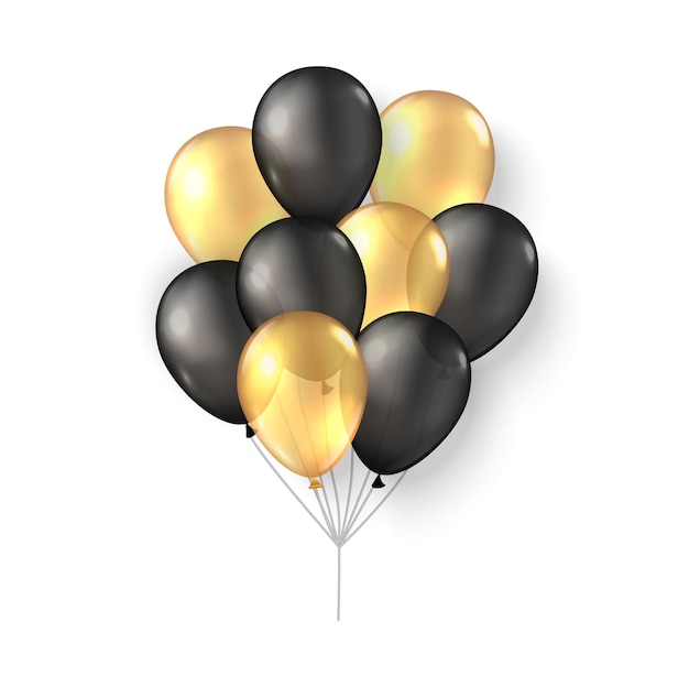 Gold black balloons 3d realistic happy holidays flying air helium ballon mock up Black