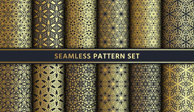 Gold black lace flower seamless pattern set Endless floral background Textile wrapping ornament