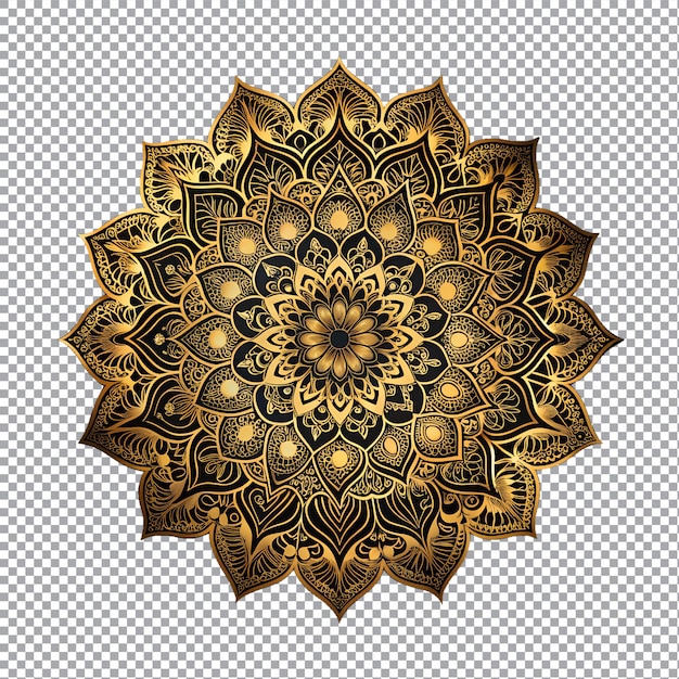 A gold and black mandala design on a transparent background