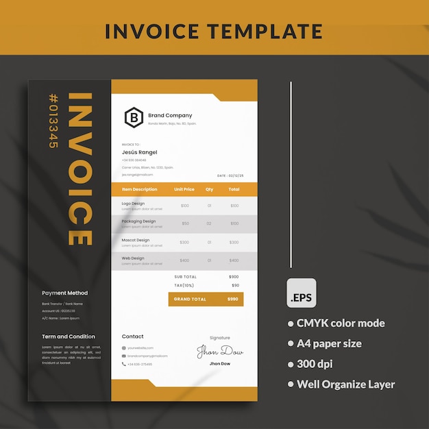 Gold and Black minimalist freelance A4 invoice print template editable text