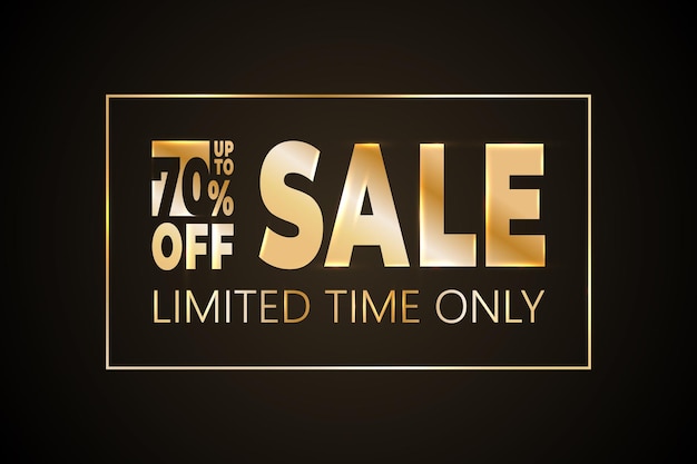 Gold black vector sale poster layout. Up to 70 percent discount off promo shop banner. Promotion