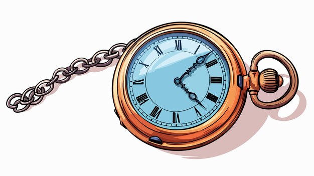 Vector a gold and blue pocket watch with a chain that says the time as 12 05