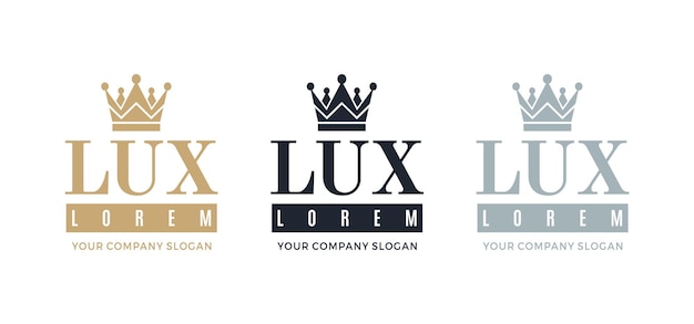 Gold blue and silver logo with a picture of the silhouette of the crown and the words Lux