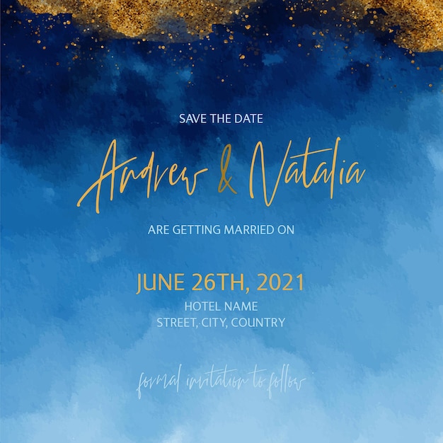 Gold and Blue Watercolor Wedding Invitation Card