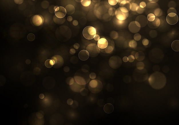 Gold bokeh Blurred light on black background. Golden lights   and New Year holidays template. Abstract glitter defocused blinking stars and sparks.  