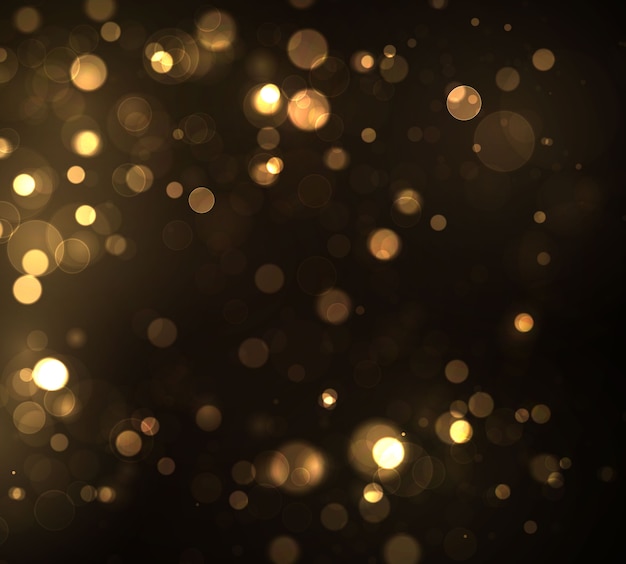 Gold bokeh Blurred light on black background. Golden lights   and New Year holidays template. Abstract glitter defocused blinking stars and sparks.    