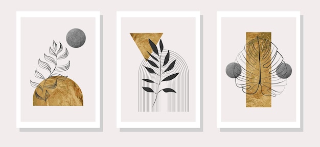 Gold Botanical wall art vector set Earth tone boho line art drawing with abstract shape