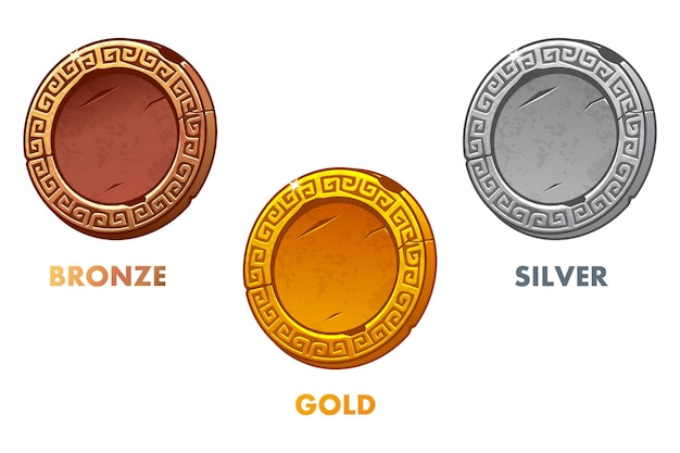 Vector gold bronze and silver coins with ornament blank coins template for your design blank medals round icons for 2d game or slots