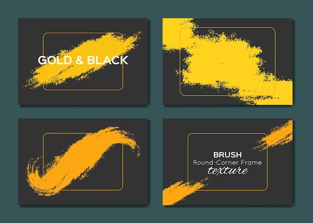 Gold brush stroke grunge texture abstract with rounded corners frame and black dark set collection