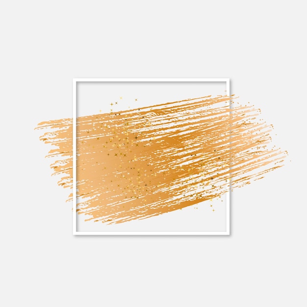 Gold brush stroke with sparkles in white square frame Modern abstract background Metallic gradient paint texture Creative vector template for your design projects