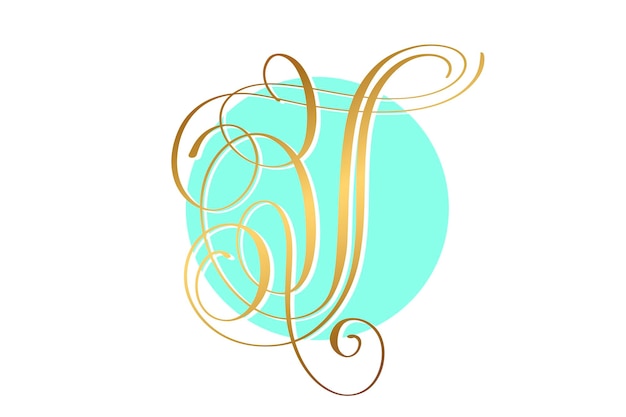 Gold calligraphy letter on circle blue background