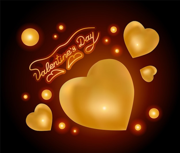 Gold Card for valentines day on dark with hearts and hand lettering with glow Vector illustration