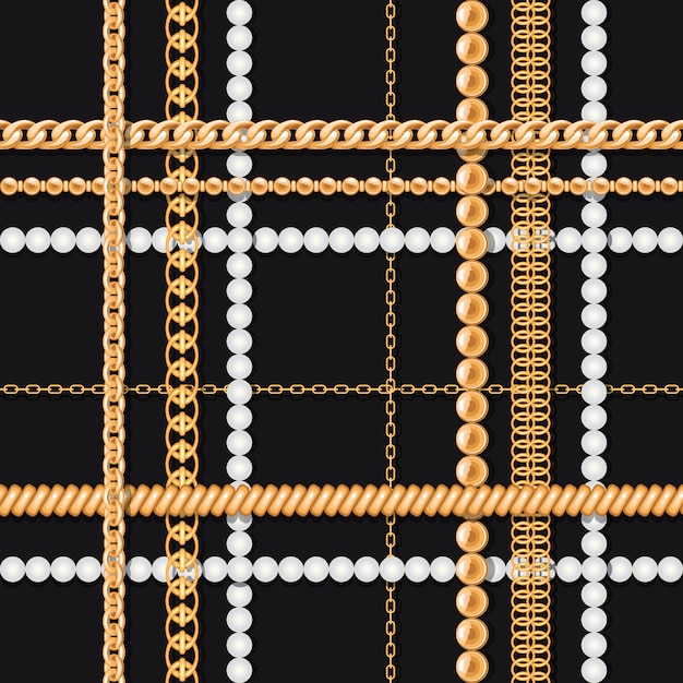 Gold chains and pearls on black luxury seamless pattern