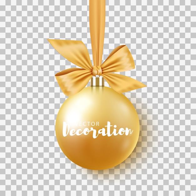 Gold Christmas bauble with ribbon and bow on transparent background.  illustration