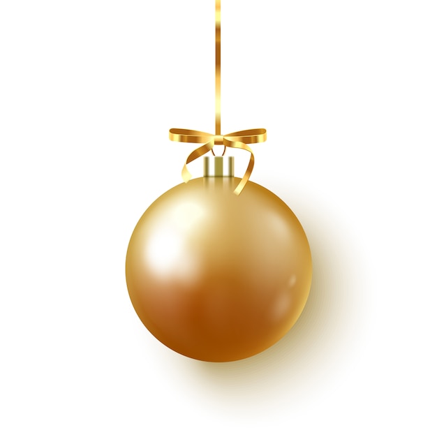 Gold Christmas bauble with ribbon and bow on white