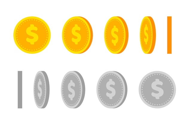 Gold coin animation for game and apps. Vector golden coins in different shapes or position.