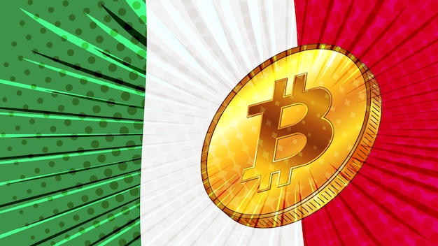 Gold coin of Bitcoin BTC and colored flag of Italy on background Central Bank of Italy adopts laws on mining and digital assets