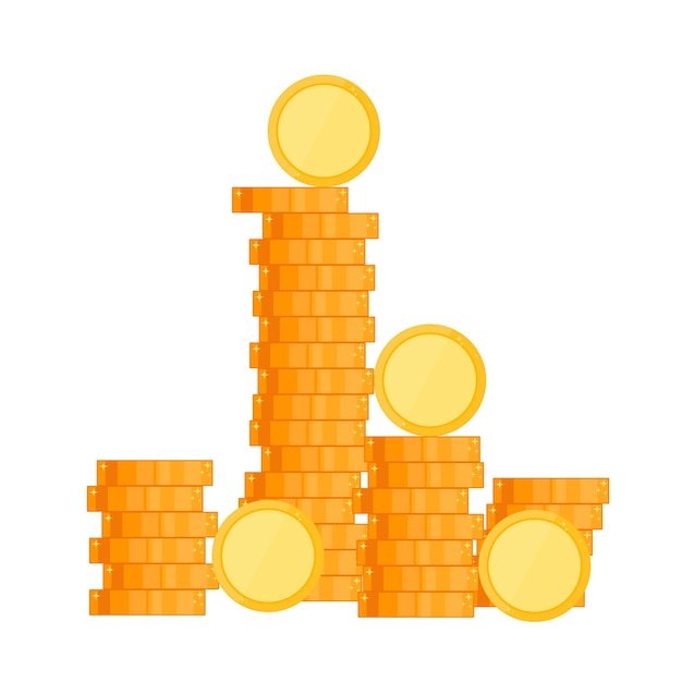 Gold coin. Lots of money flat style. Wealth success and good fortune. Vector illustration. Isolated on white background.