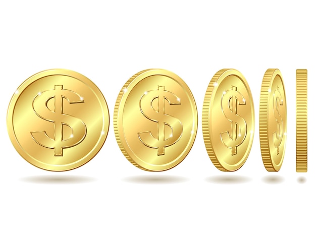 Gold coin with dollar sign with different angles Vector illustration isolated on white background