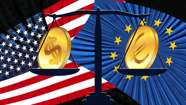 Gold coins of american dollar USD and Euro EUR on scales with colored national flags of America and Europe Exchange rates are almost equal and who is now leader is not clear