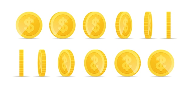 Gold coins in different positions Set of rotating gold coins