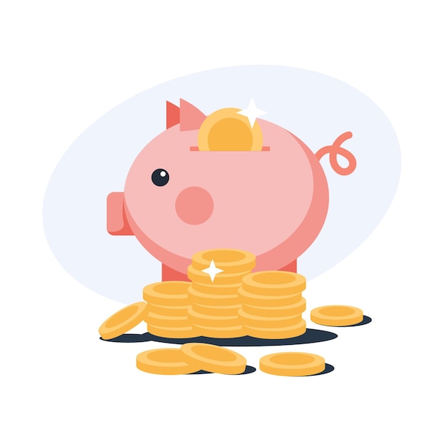 Gold coins with piggy bank vector flat illustration