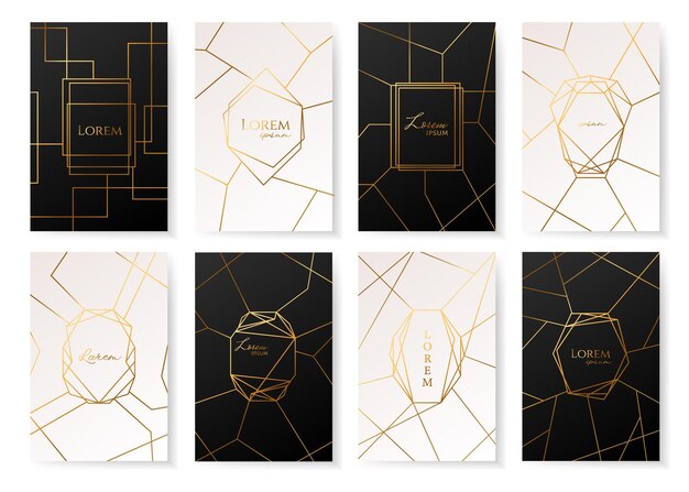 Vector gold collection with geometrical polyhedron art decoration style for wedding invitation luxury elega