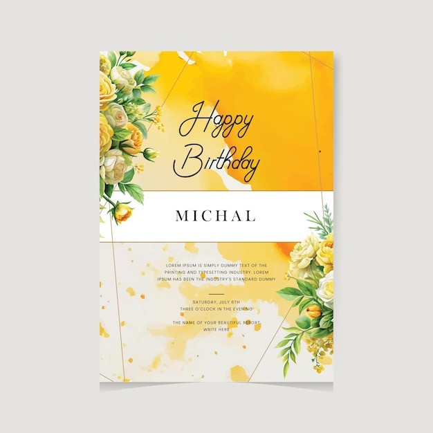 Vector gold color floral birthday invitation template