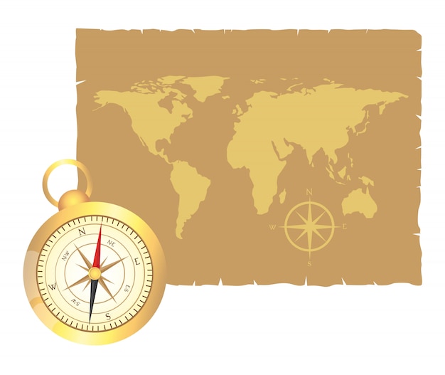 gold compass and old map over old paper vector illustration