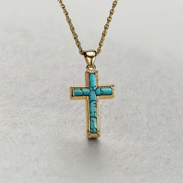 a gold cross with a blue cross on it is on a gold chain