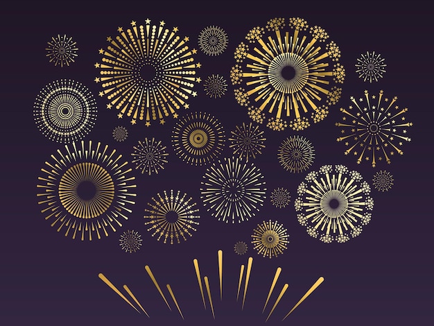 Gold firework Anniversary festival with pyrotechnics flame and sparkle Celebrative fire show in night sky Group of contour rounds and ornamental lines on dark background Vector golden firecracker