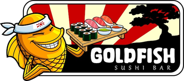 Gold Fish Or Goldfish Sushi Chef Cartoon Character Showing Sushi Set Japanese Seafood