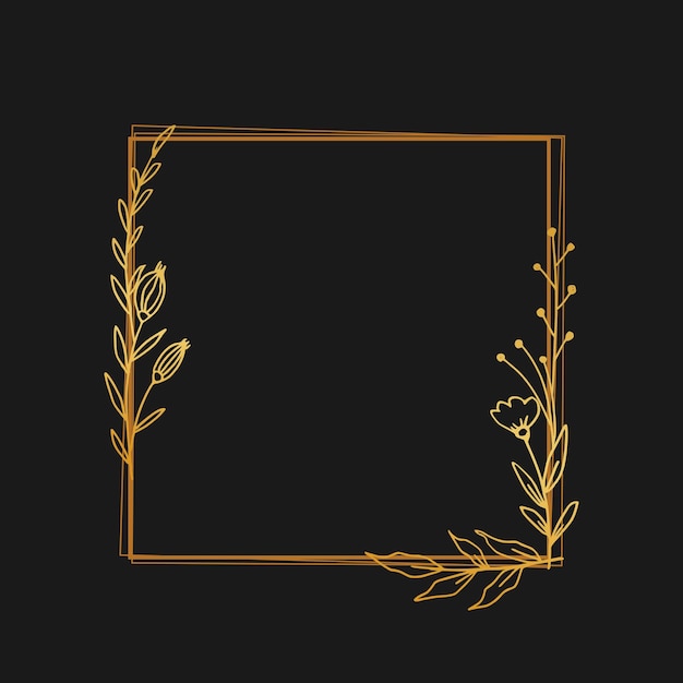 Gold floral border with hand drawn leaves and flowers isolated on black background