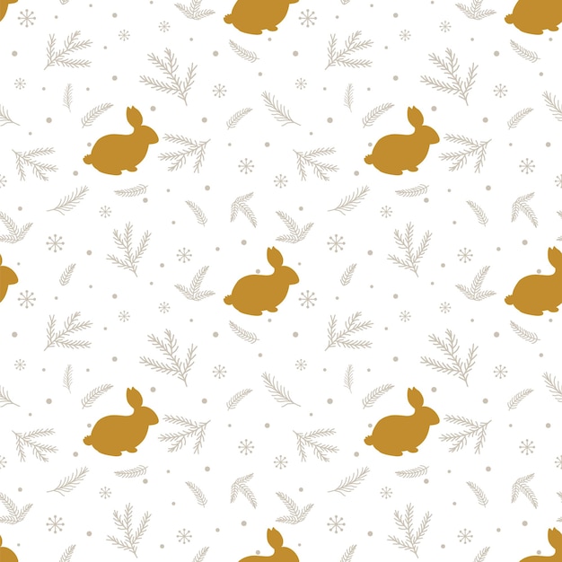 Gold floral Christmas pattern with rabbits Golden hares fir branches background Golden winter forest texture Winter holiday seamless pattern winter New Year 2023 wallpaper Vector illustration