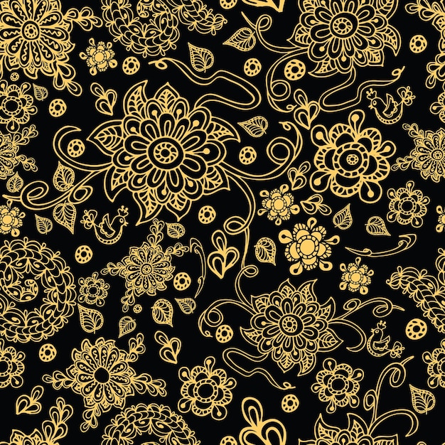 Gold floral hand drawnbackground made on the black color