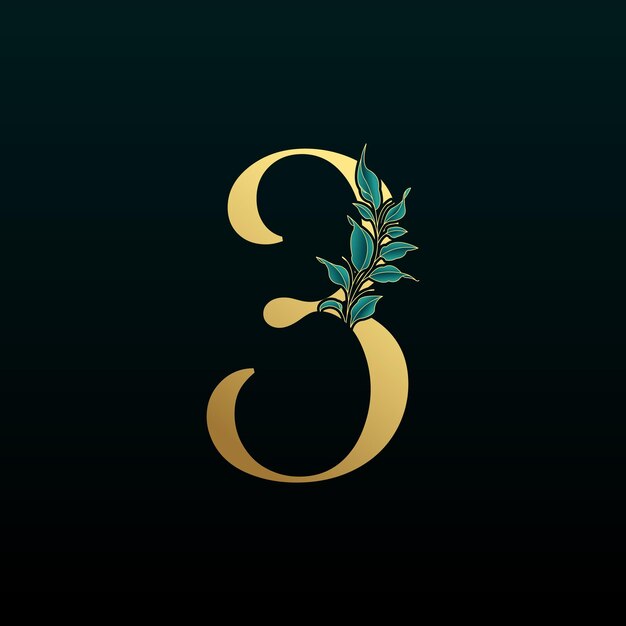 Gold Floral Number 3, with botanic branch bouquet composition. For wedding invites and other concept