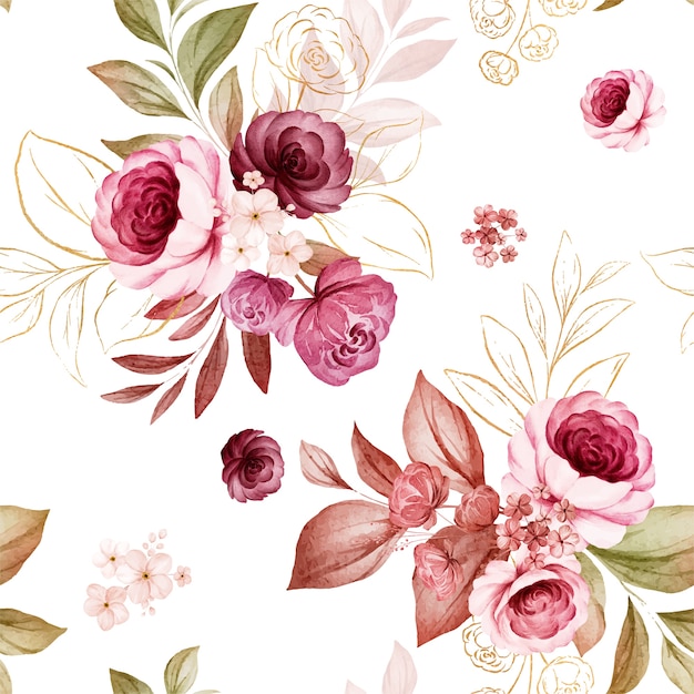 Gold floral seamless pattern of burgundy and peach watercolor roses and wild flowers arrangements