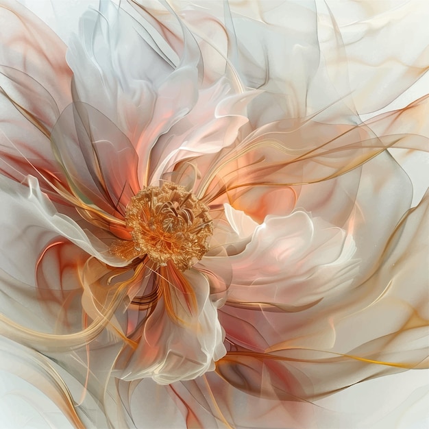 gold flower by white in the style of fluid dynamic brushwork